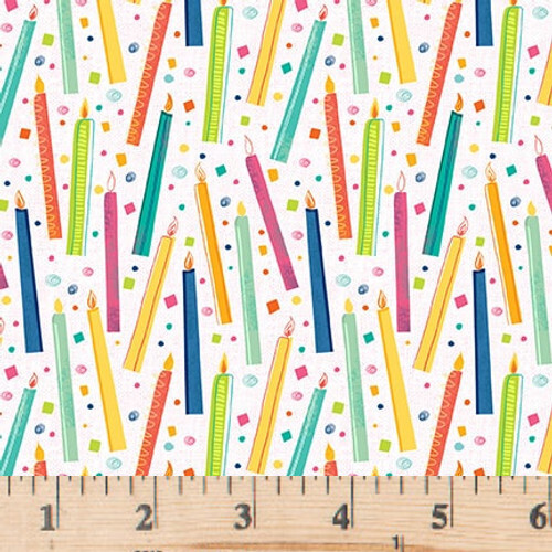 Let's Eat Cake White Birthday Candles Fabric   3086-01 White Sold by half yard - Picture 1 of 4