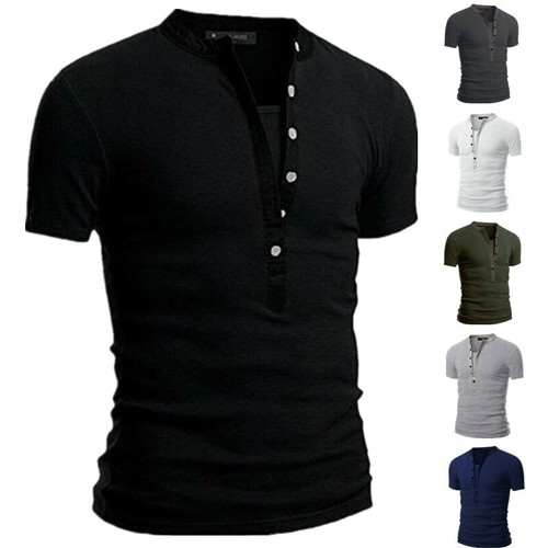 Herren Kurzarm Knopf T-Shirt Freizeit V-Ausschnitt Solide Oberteile Slim Fit Muskel Tee - Bild 2 von 18