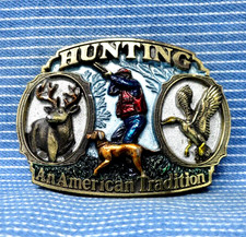 Hunting Belt Buckle Bird Dog Deer Duck Hunter Sportsman Vtg 80s TGABC .PCB877