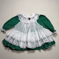 Bryan Vintage Girls Green Floral Dress White Lace Pinafore Set 2T Made in USA