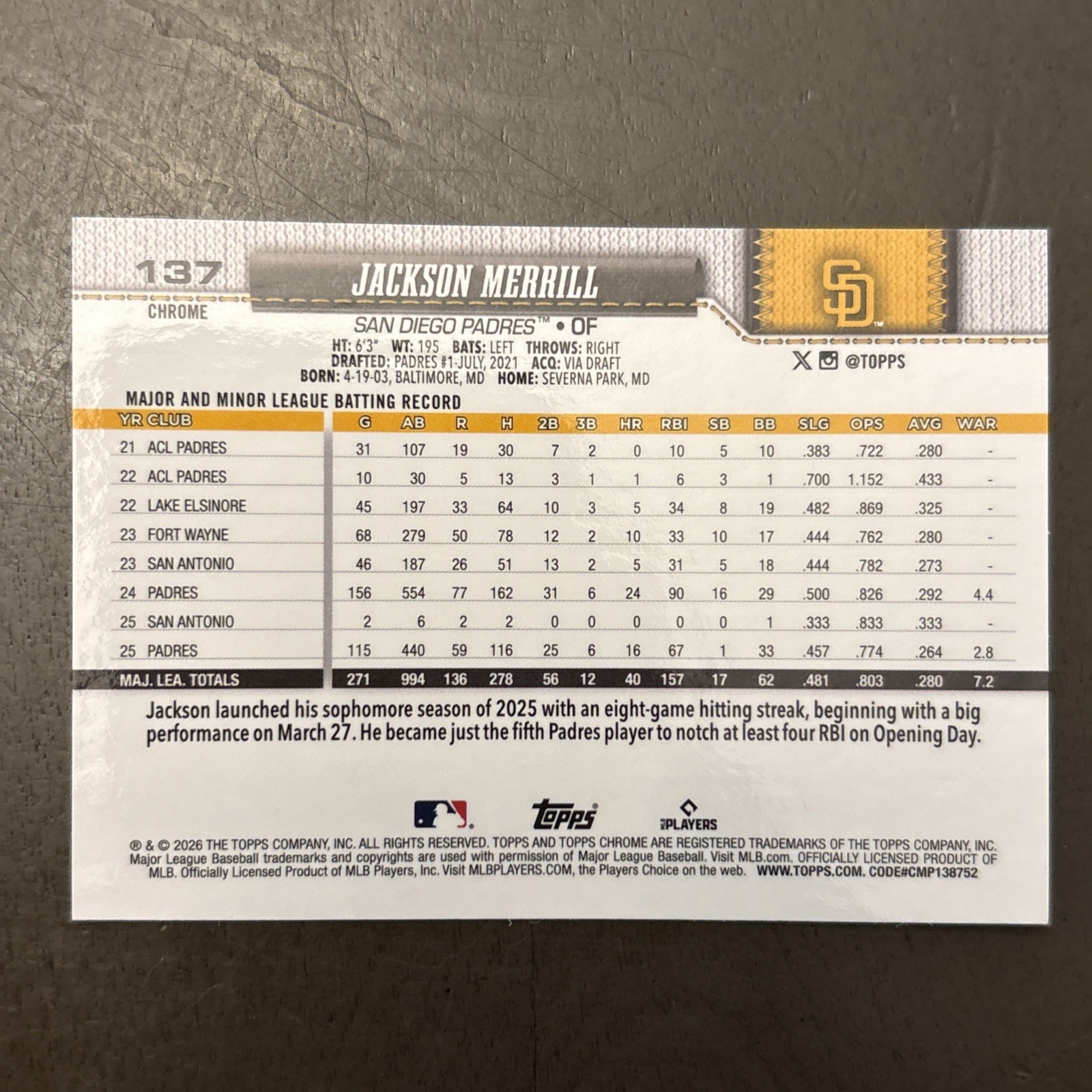 2026 Topps Chrome #137 Jackson Merrill - Golf Image Variation view 2