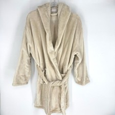 Summer  Rose Plush Knee Length Hooded Robe with Pockets Beige Size L/XL