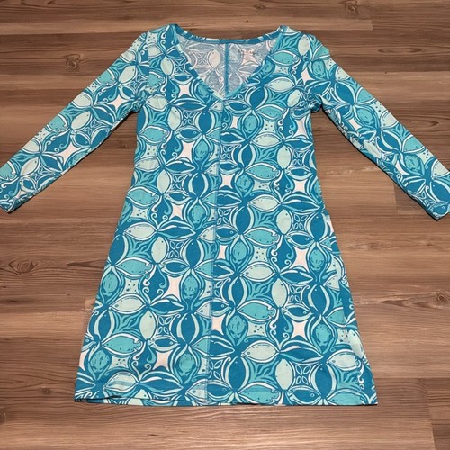 Lilly Pulitzer Juliet T-shirt Dress Turquoise White 3/4 sleeves V-neck Size S - Picture 4 of 9