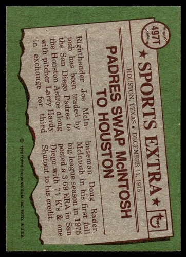 1976 Topps negociado Joe McIntosh Houston Astros #497T - Imagen 2 de 2