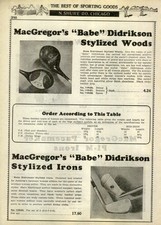 1938 PAPER AD MacGregor Babe Didrikson Iron Golf Club Pacemaker PI-M Turflo Wood