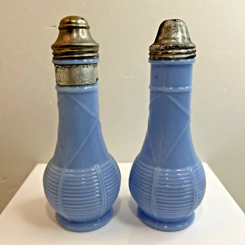 VTG 6” Jeannette Light Blue Delphite Milk Glass Basketweave Salt & Pepper Shaker