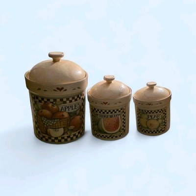 Ceramic Canister Set of 3, Country Style, Fruit Heart Checkered Pattern