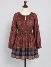 Ulla Johnson Dress 10 Red Floral Long Sleeve Scoop Val Fit Flare Boho Tiered