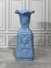 Vintage Lt Blue Milk Glass Vase Ruffled Rim Floral & Demon Design 8.5”x3.25”