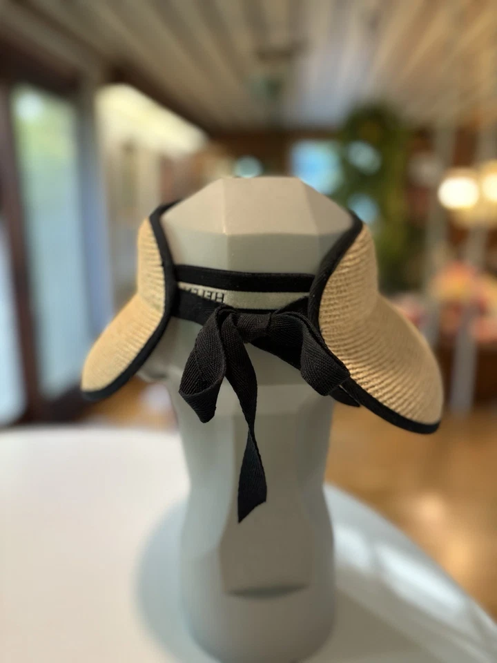 Helen Kaminski Rafia Paja Ala Ancha Parasol Sombrero Natural Negro Borde Arco Foto 3 de 4