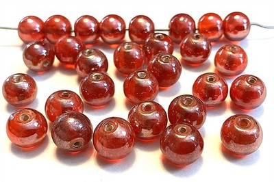 50 Vintage Handmade Glass Red Ruby Iridescent 9.5mm. To 10.5mm. Round Beads D42