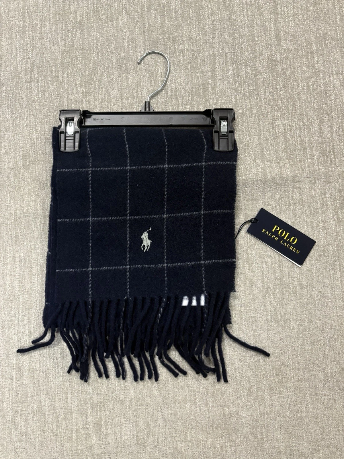 NWT Polo Ralph Lauren Navy Blue Windowpane Reversible Wool Fringe Scarf O/S