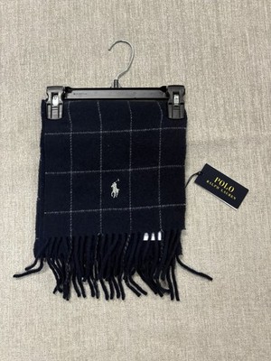 NWT Polo Ralph Lauren Navy Blue Windowpane Reversible Wool Fringe Scarf O/S
