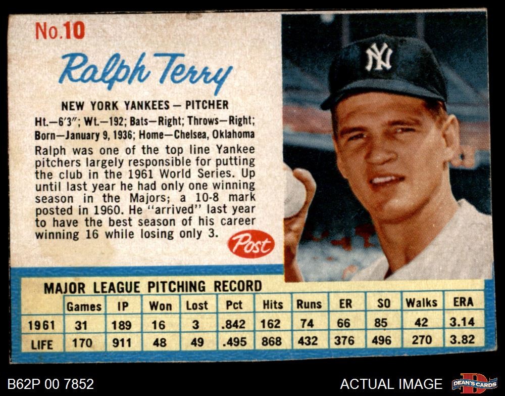1962 Post Cereal #10 Ralph Terry  Yankees SHORT-PRINT 2 - GOOD