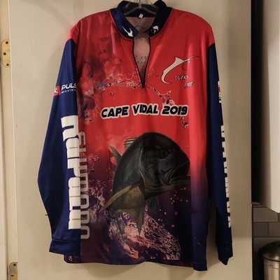 Lucky Strike Fishing Shirt XL Red Blue White Long Sleeve Collared Jersey Mesh