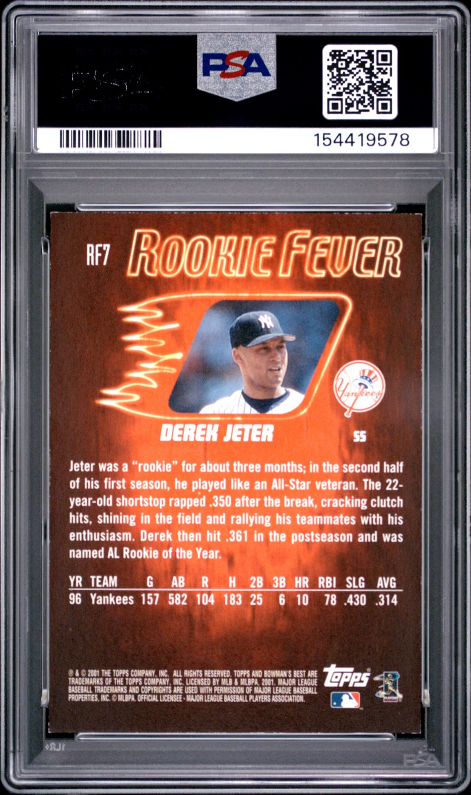 2001 BOWMAN'S BEST ROOKIE FEVER #RF7 DEREK JETER PSA 7 view 2