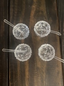 Set of 4 Crystal Glass Salt Cellars Dips Bowls With Spoons VTG Made in Japan