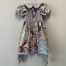 VTG Polly Flinders Floral Blue Pink Gingham Smocked Puff Sleeve Dress  Youth 6X