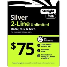 Straight Talk Rob 75 Refill Card 2 LINE Unlimited Talk Plan  30 Day Top Up NOW