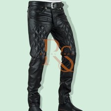 Men's Classic Padded Style Black Leather Pant In Genuine Lambskin Leather Pant