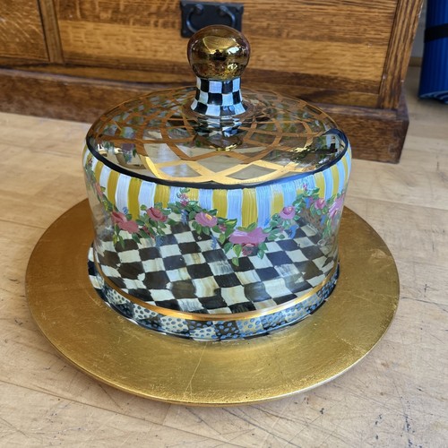 Mackenzie Childs Courtly Check Circus Glass Cake Dome Striped Awning & Charger