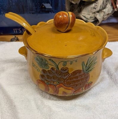 California Pottery 2 Qt Soup Tureen Fruit Patter Round w/ Lid & Spoon, 5002