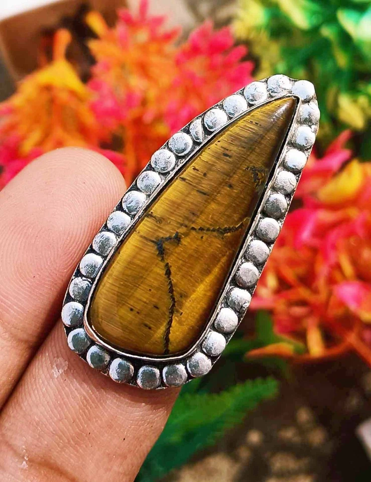 Anillo de piedras preciosas ojo de tigre enchapado en plata de ley 925 talla 7,25 DEOFH-R11 Foto 4 de 4