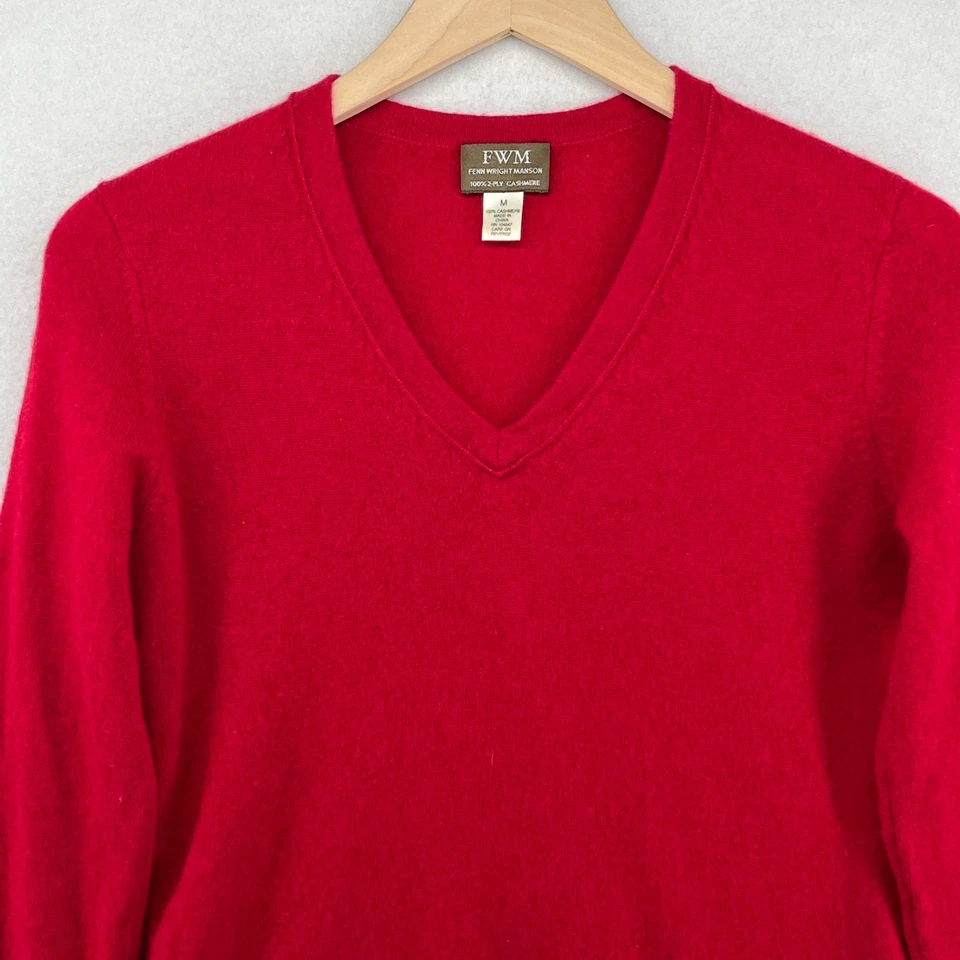 Suéter FENN WRIGHT MANSON M 100 % 2 capas cachemir cuello en V enrollado suéter rojo Foto 4 de 4