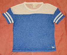 Victoria's Secret PINK Sheer Stretchy Relaxed Blue White Block Dog Tshirt L NWT