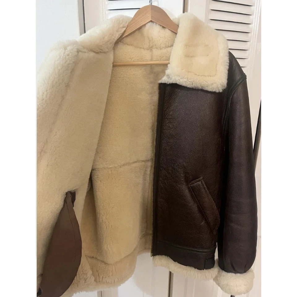Schott B-3 Sheepskin Leather Bomber Brown Jacket Mens Shearling Aviator Coat - Image 3 of 4