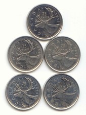 Canada 2010 2011 2012 2013 2014 Quarters Canadian 25c Caribou Exact Lot 5 Coins