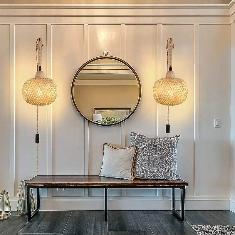 Natural Rattan Wicker Wall Lamp Bamboo Lantern E27 Hand Woven Light - Image 3 of 4