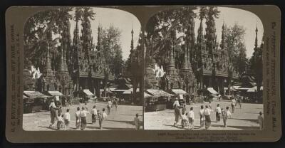 Beautiful gilded and carved teakwood shrines before the Shwe Dagon Old Photo