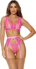 FORPLAY Heart To Catch Mesh Bra, Panty and Garter Belt 3-Piece Lingerie Set