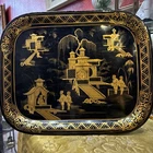 Tray IN Sheet Metal Blackened And Golden Napoleon III Decorated Pagoda Chinese