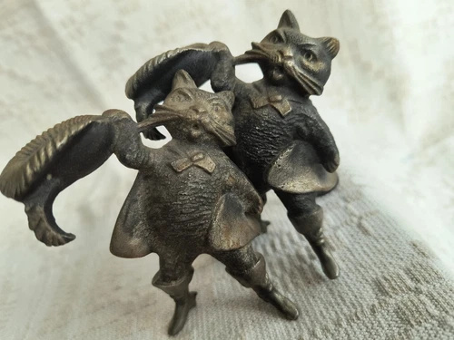 PUSS 'N BOOTS  Pair of Cast Metal Candlestick Holders, Russia