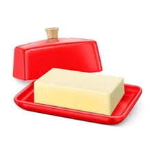 Ceramic Red European Butter Dish with Lid for Countertop (7 Inch) - Wide 2 Stick