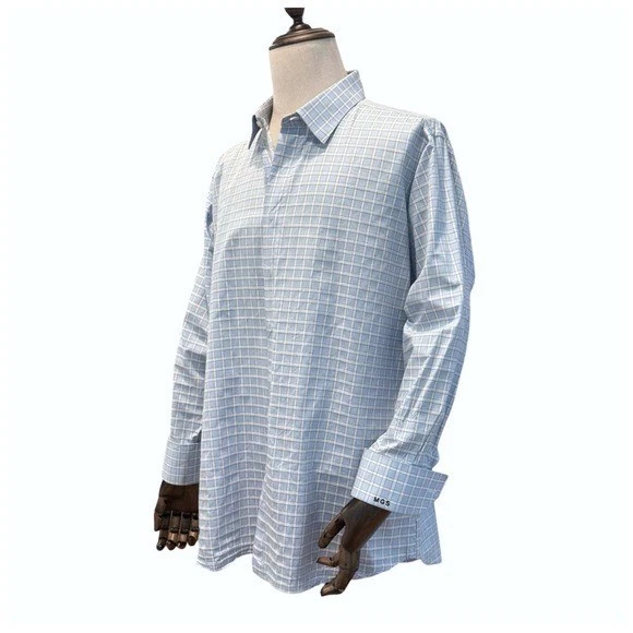 "Camisa de vestir Tom James para hombre azul blanco estampado a cuadros puño francés botón talla 17""" Foto 4 de 4