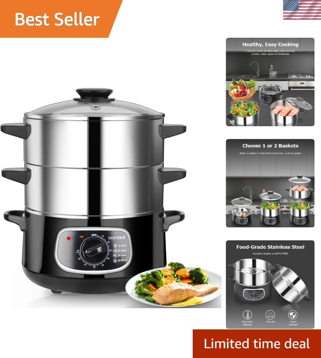 2 Stainless Steel Food Steamer 8.5 Qt Electric Glass Lid Vegetable Steamer Do...