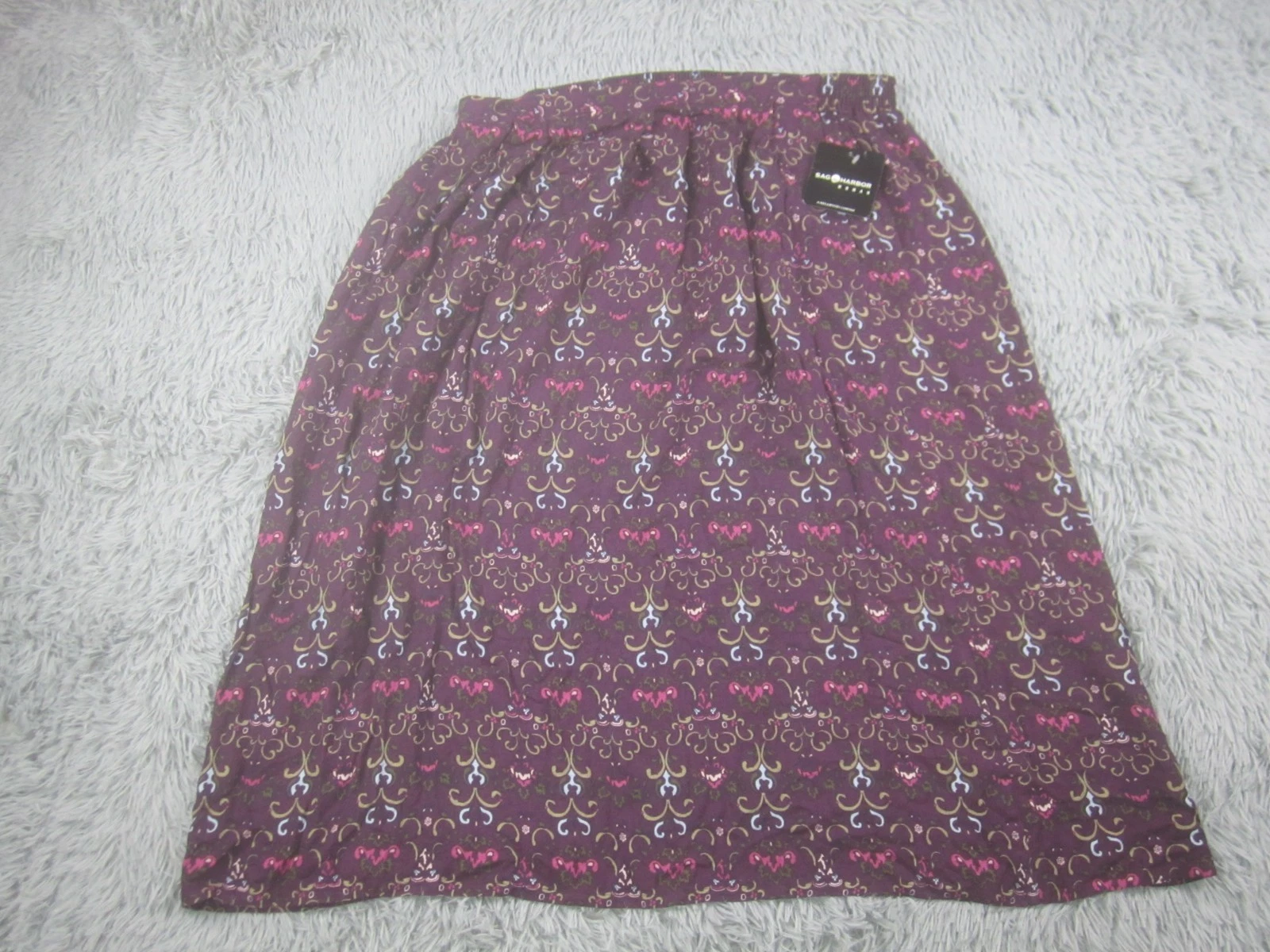 NWT SAG Harbor Skirt Womens 1X Purple White Patterned A-Line Midi w/Elastic Wais