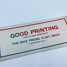 1910s Blotter Card The Rice Press Green & Red Flint MI SC8