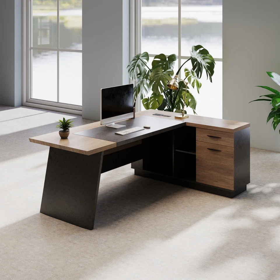 Escritorio de oficina ejecutivo grande en forma de L de 78,74 pulgadas con cajones y estante de almacenamiento Foto 4 de 4