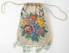 Antique French Art Deco Micro Beaded Handbag Purse Floral Design Drawstring