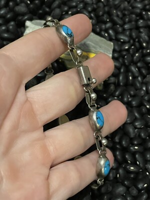 Vintage Mexico 925 Sterling Silver Blue Turquoise Heavy Oval Link