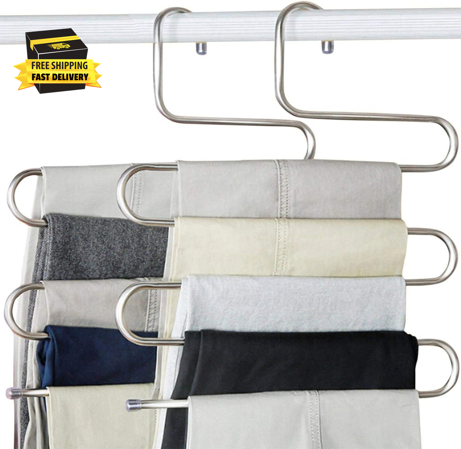 Non-Slip S-Shape Stainless Steel Trousers Hangers 4 Pack-image