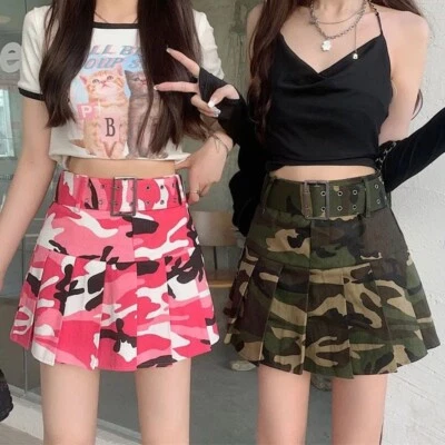 Mini Jupe Sexy Militaire Kaki / Noir / Rose Camouflage Été Ceinture Robe Plissé - Photo 1/4