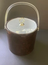 Shelton Ware Ice Bucket  Vintage Mid Century Brown Vinyl Lucite Barware MCM