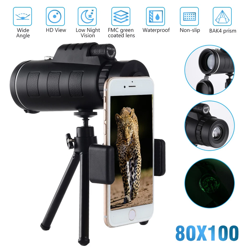80X100 HD Monocular Telescope Starscope Night Vision Zoom Lense + Tripod Bag - Image 3 of 4