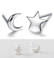 Moon Star Stud Earrings Solid 925 STERLING SILVER Brushed Tiny Studs Gift Box A3