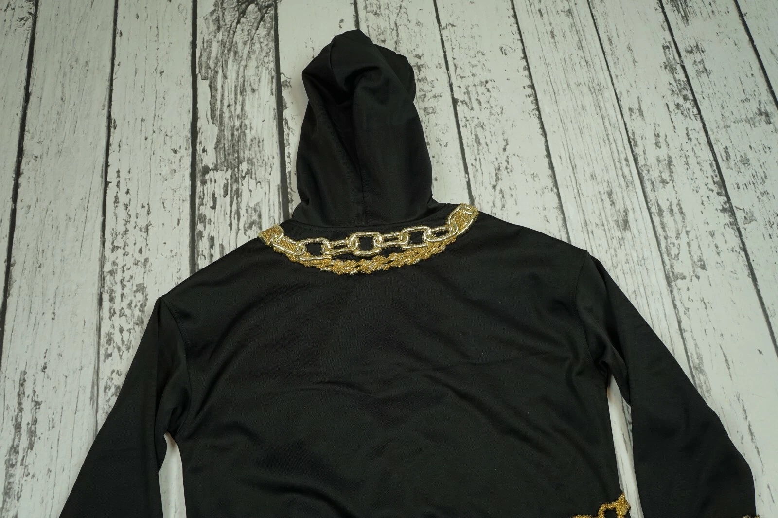 Felpa con cappuccio H&M MOSCHINO nera scintillante maglia catene oro Jeremy Scott abito taglia XS